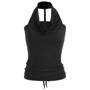 Cowl Neck leeveless Plain Backless T-hirt - Black