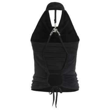 Cowl Neck leeveless Plain Backless T-hirt - Black