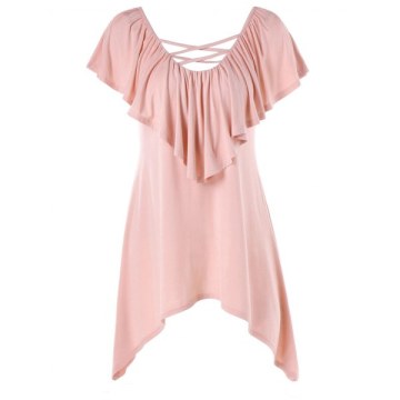 Criss Cross Ruffle Insert T-shirt - ight Pink