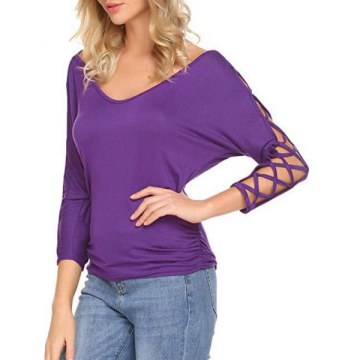 Criss Cross coop Neck Plain T-shirt - Purple Amethyst