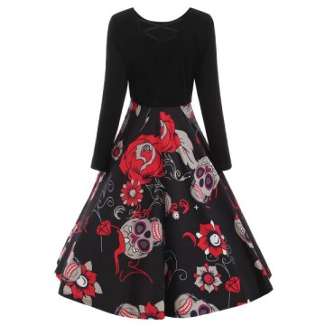 Criss Cross Sugar Skull Print Dress - Black
