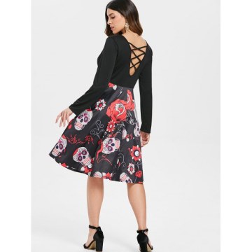 Criss Cross Sugar Skull Print Dress - Black