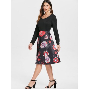 Criss Cross Sugar Skull Print Dress - Black