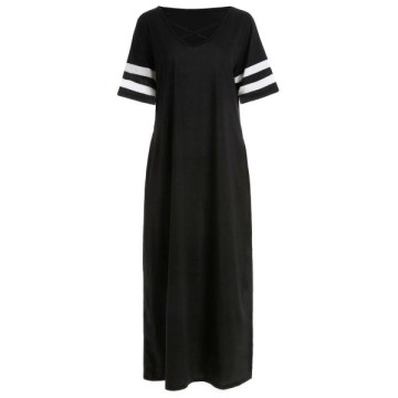 Crisscross triped Cuff Maxi Dress - Black
