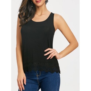 Crochet Lace Brim Tank Top - Black