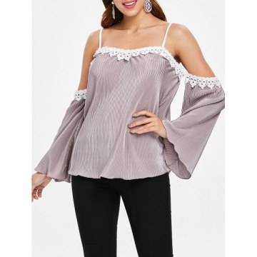 Crochet Trim Cut Out Shoulder Plicated Blouse - Wisteria Purple