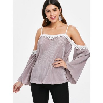 Crochet Trim Cut Out Shoulder Plicated Blouse - Wisteria Purple