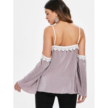 Crochet Trim Cut Out Shoulder Plicated Blouse - Wisteria Purple
