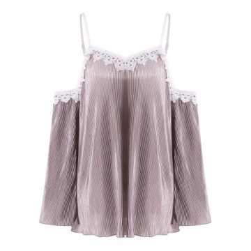 Crochet Trim Cut Out Shoulder Plicated Blouse - Wisteria Purple