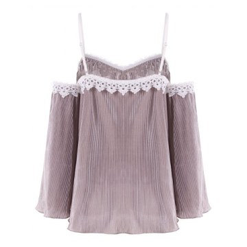 Crochet Trim Cut Out Shoulder Plicated Blouse - Wisteria Purple