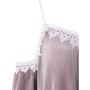 Crochet Trim Cut Out Shoulder Plicated Blouse - Wisteria Purple