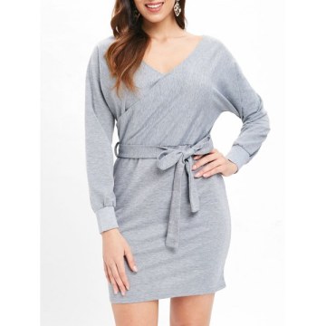 Cut Out Belted Surplice Dress - ight Gray