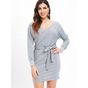 Cut Out Belted Surplice Dress - ight Gray