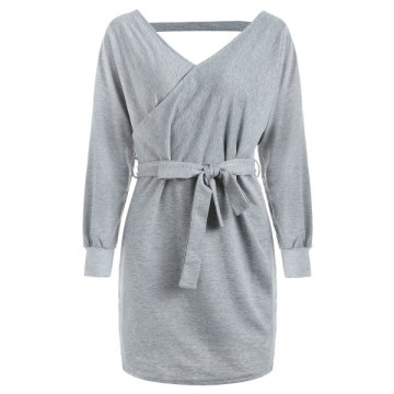 Cut Out Belted Surplice Dress - ight Gray