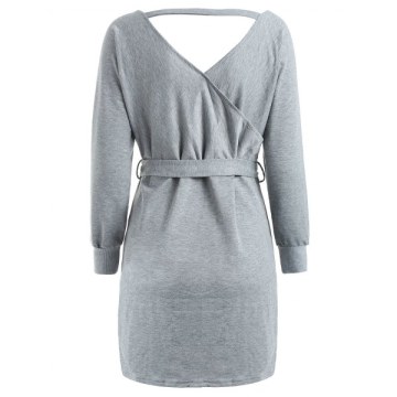 Cut Out Belted Surplice Dress - ight Gray