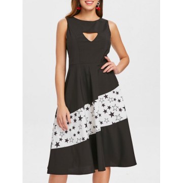 Cut Out Chest Stars Pattern Sleeveless Dress - Black