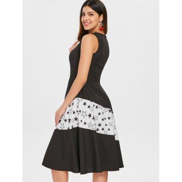 Cut Out Chest Stars Pattern Sleeveless Dress - Black