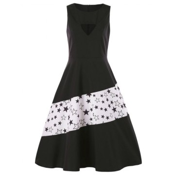 Cut Out Chest Stars Pattern Sleeveless Dress - Black