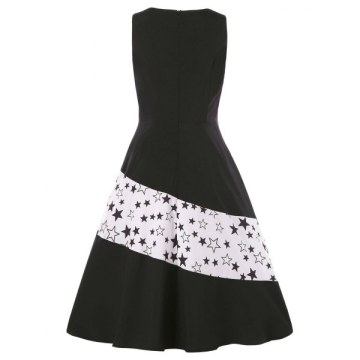 Cut Out Chest Stars Pattern Sleeveless Dress - Black