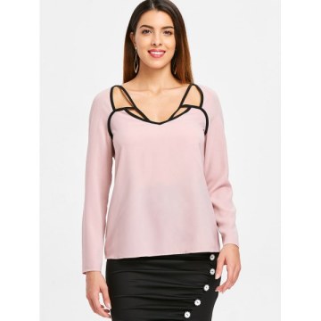 Cut Out Contrasting Blouse - Light Pink