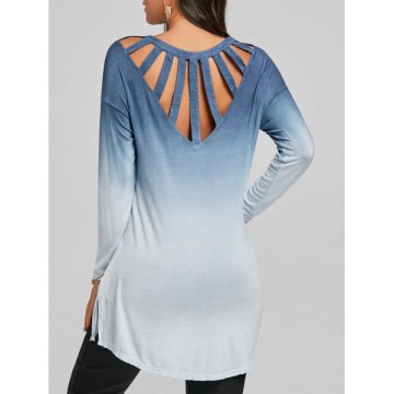 Cut Out Ombre Color Slit High Low Top - Blue