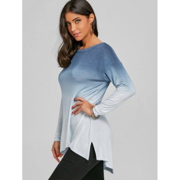 Cut Out Ombre Color Slit High Low Top - Blue