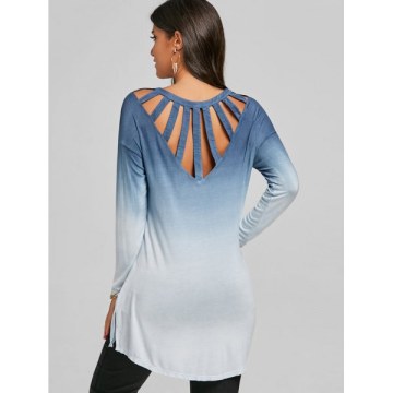 Cut Out Ombre Color Slit High Low Top - Blue