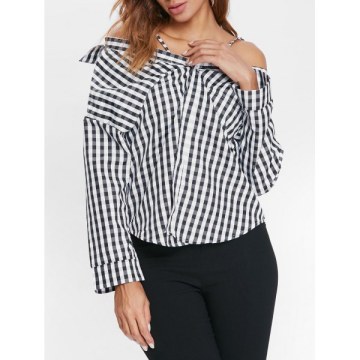 Cut Out Shoulder Button Up Tartan Shirt - Black