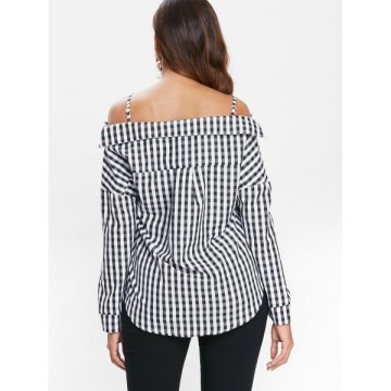 Cut Out Shoulder Button Up Tartan Shirt - Black