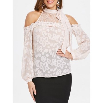 Cut Out houlder Print Long leeve Blouse - Pink Bubblegum