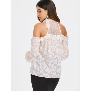 Cut Out houlder Print Long leeve Blouse - Pink Bubblegum