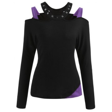 Cut Out houlder Rivet Collar T-shirt - Black