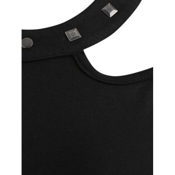 Cut Out houlder Rivet Collar T-shirt - Black