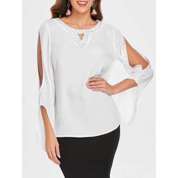 Cut Out Sleeve Rhinestones Brim Blouse - White