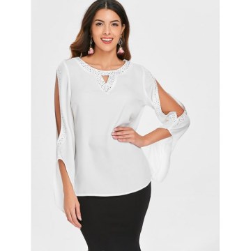 Cut Out Sleeve Rhinestones Brim Blouse - White