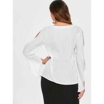 Cut Out Sleeve Rhinestones Brim Blouse - White