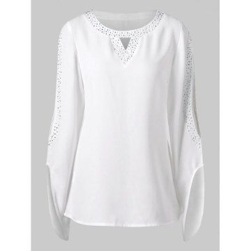 Cut Out Sleeve Rhinestones Brim Blouse - White