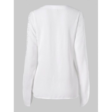 Cut Out Sleeve Rhinestones Brim Blouse - White