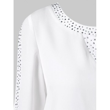 Cut Out Sleeve Rhinestones Brim Blouse - White