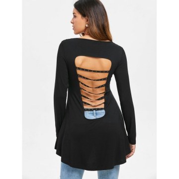 Cut Out Stud Embellished High Low T-shirt - Black