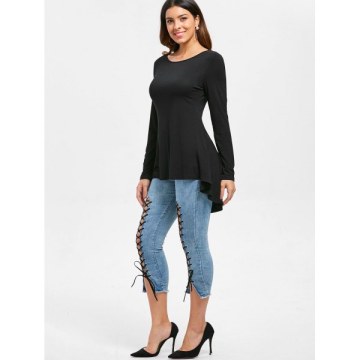 Cut Out Stud Embellished High Low T-shirt - Black