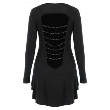 Cut Out Stud Embellished High Low T-shirt - Black