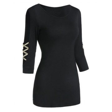 Cut Out Two Tone Round Collar T Shirt - Black