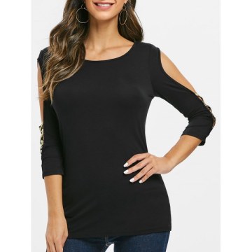 Cut Out Two Tone Round Collar T Shirt - Black