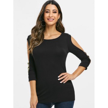 Cut Out Two Tone Round Collar T Shirt - Black