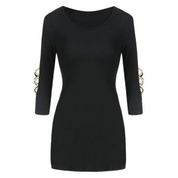 Cut Out Two Tone Round Collar T Shirt - Black