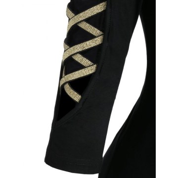 Cut Out Two Tone Round Collar T Shirt - Black