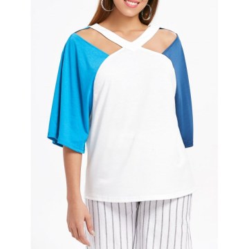Cut Out V Neck Plain T-shirt - Blue