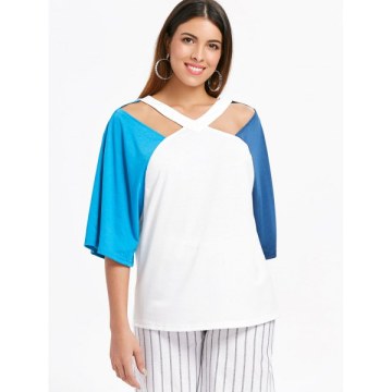 Cut Out V Neck Plain T-shirt - Blue