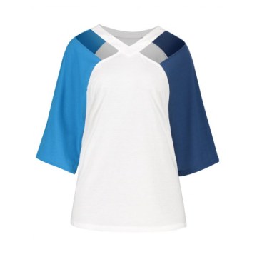 Cut Out V Neck Plain T-shirt - Blue